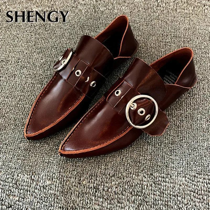 2023 Luxury Women Pointed Toe Ring Belt Loafers Slip-on Casual Officical  Elegance  Footwear Ladies Sandals