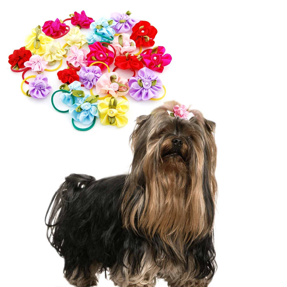 (24 pieces/lot) Pet Puppy Small Dog Hair Flower Bows Pet Hair Accessories Dog Bowknot Elastic Band Decoration Poodle