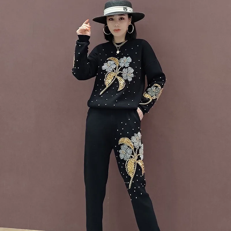 Manual Beaded Sequin Flowers Knit Long-sleeve Sweater Trousers 2 Sets Women Casual Autumn Loose Knitted Tracksuit Outfits Female