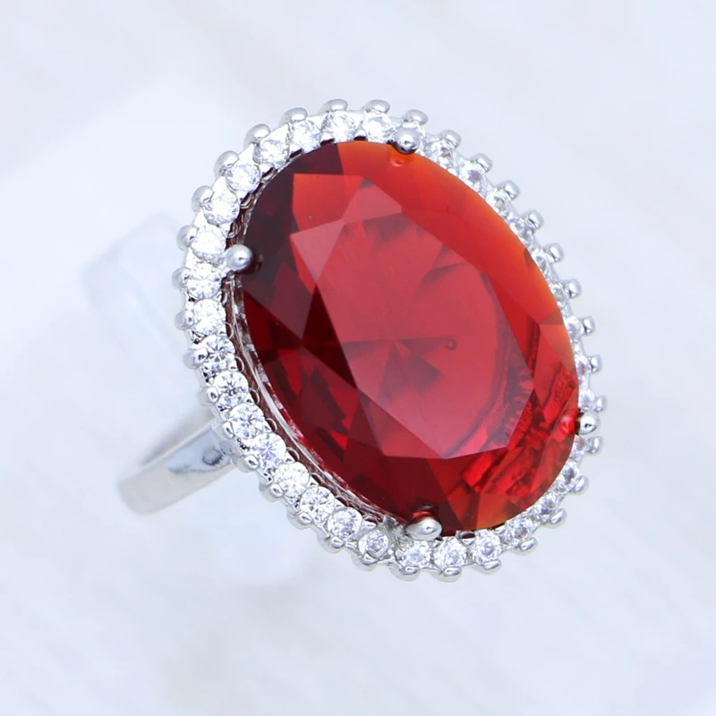 925 Sterling Silver Ring Oval Red Ruby Cubic Zirconia Large Main Stone White Crystal Ring for Women Free Gift Box Size 5.5 To 10