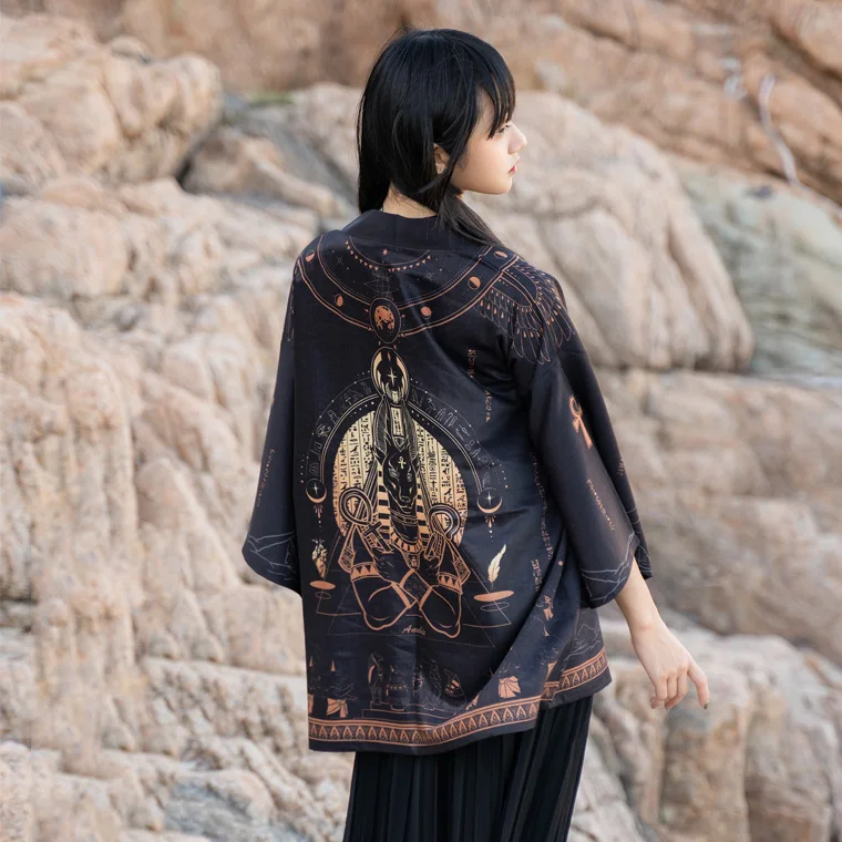 Japanese Loose Bathrobe for Cosplay, Anubis Egyptian, Black Color, Haori, Summer Sunscreen Kimono, mysterious Cosplay, DA043