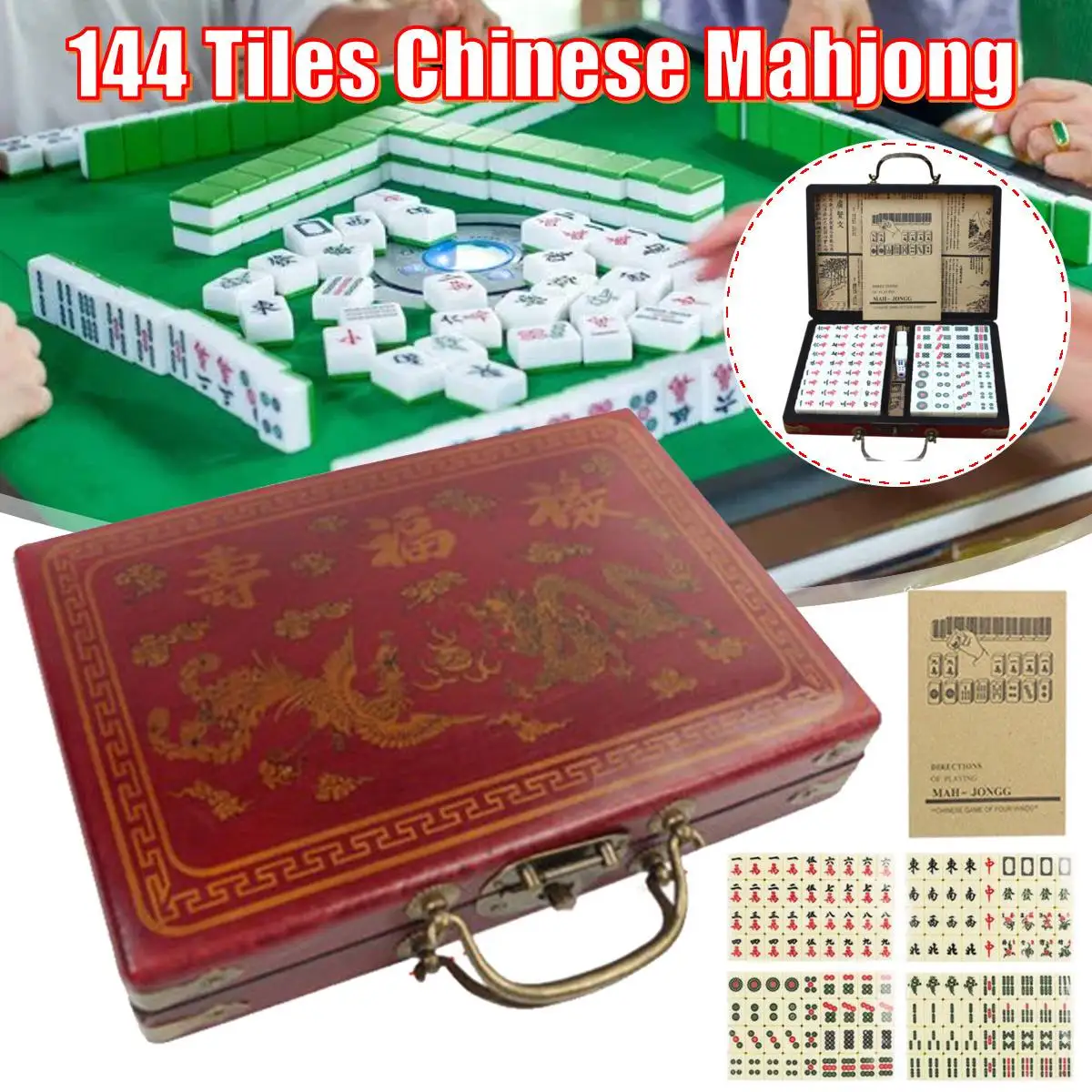 Vintage 144 Tiles Mah-Jong Chinese Numbered Mahjong Set Mah-Jong Set Portable Chinese Toy Party Gambling Game Board with Box