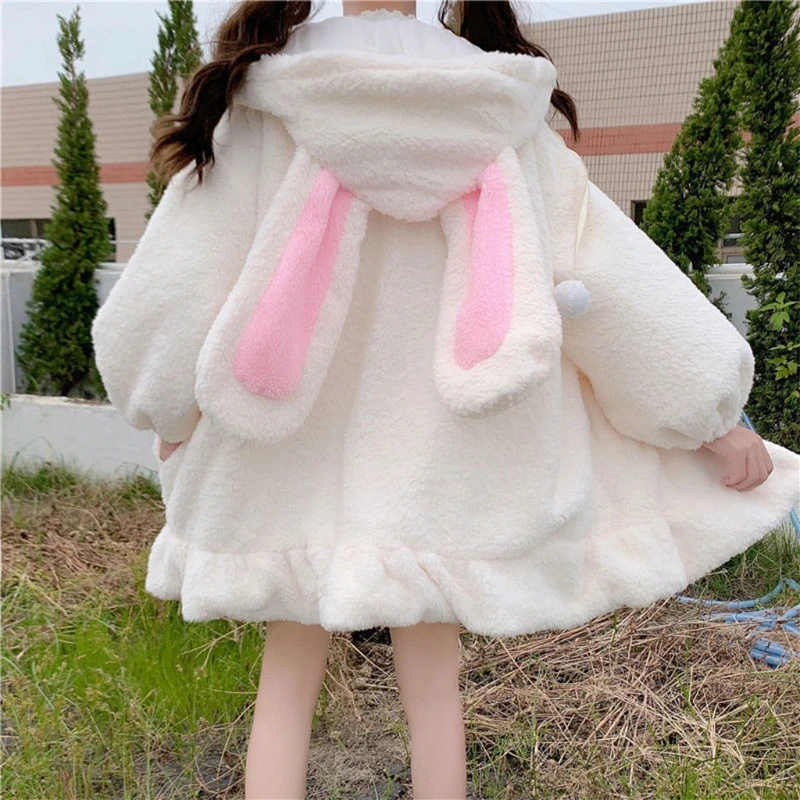 2021 Women Winter Long Sleeve Fuzzy Hooded Jacket Harajuku Kawaii Bunny Ears Zip Up Cardigan Coat Plush Warm Ruffles Outwear