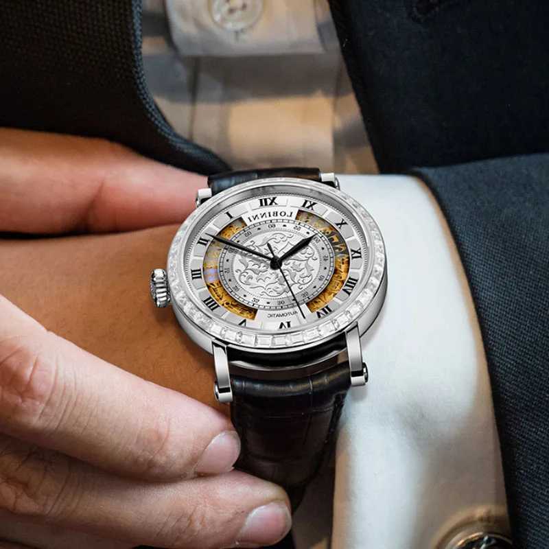 Reloj mecánico automático LOBINNI de marca de lujo para hombre, reloj de pulsera resistente al agua con calendario para hombre, reloj con correa de cuero, reloj Masculino