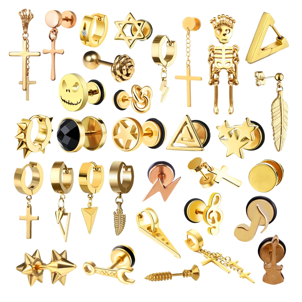 Punk Gold Color Stainless Steel Stud Earrings For Women Men Small Skeleton Chain Cross Lightning Pendant Ear Jewelry Earrings