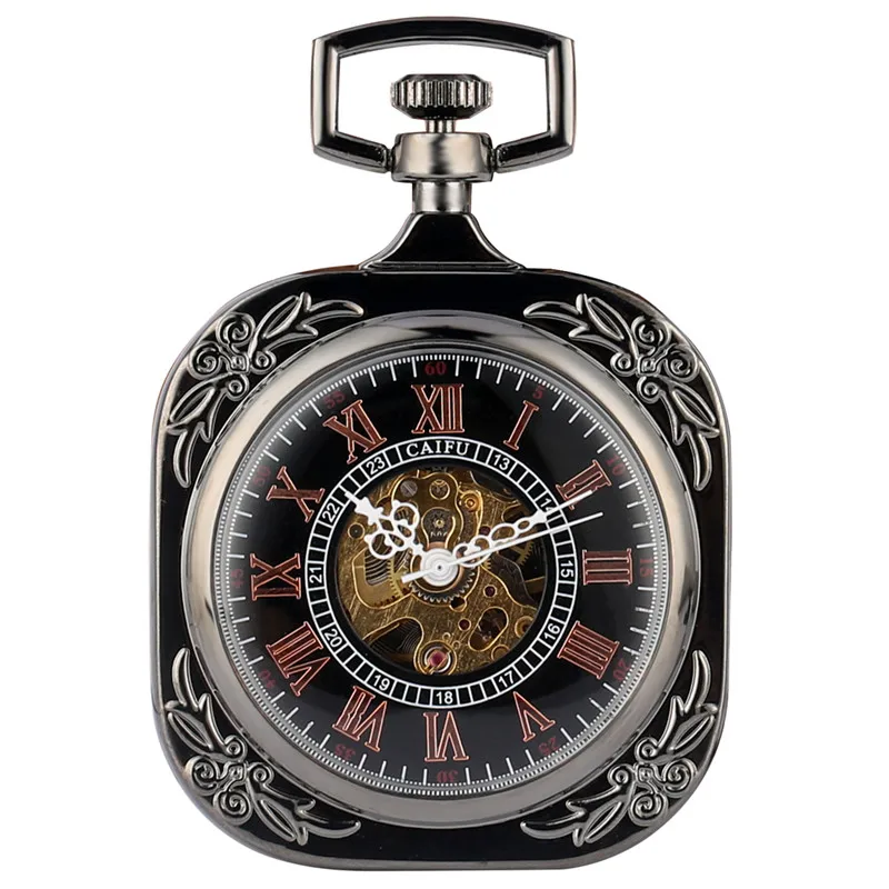 Vintage Clock Men Women Hand-winding Mechanical Skeleton Pocket Watch Roman Number Dial Square Case with Pendant Chain Gift