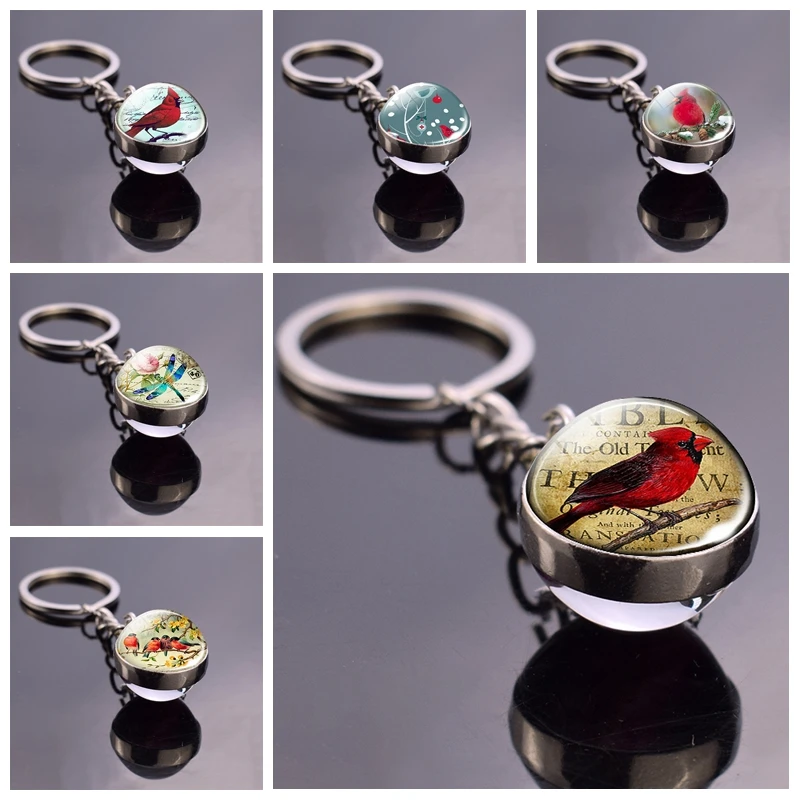 Cardinal Grosbeaks Dragonfly Glass Ball Key Rings Red Bird Art Pendant Double Sided Keychain Jewelry Accessories