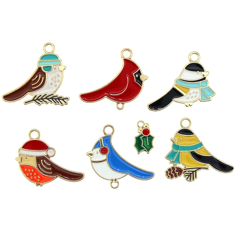 10pcs/lot 25*23mm Cute Animal Enamel Bird Pendant Leaf Charms Kawaii Necklace Bracelet Earring Small DIY Jewelry Findings XL1144