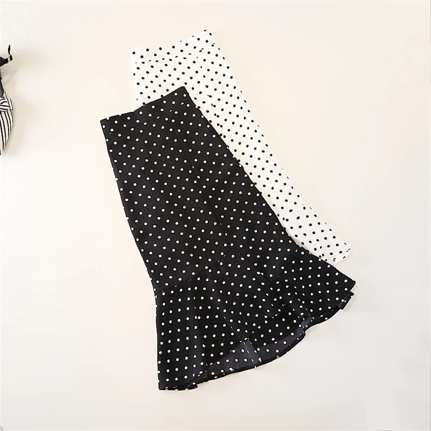 

Gowyimmes Summer Slim Women Irregular Black Dot Skirt Vintage Lady High Waist Mermaid Skirts Midi Long Hip Pakadge Skirt PD899