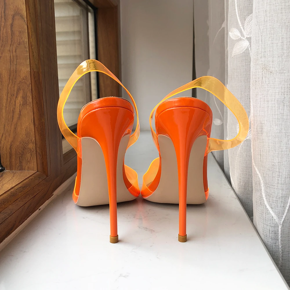 Tikicup Orange Summer Women Transparent Soft PVC Pointy Toe High Heel Slingback Shoes Jelly Stiletto Pumps Colors Customizable