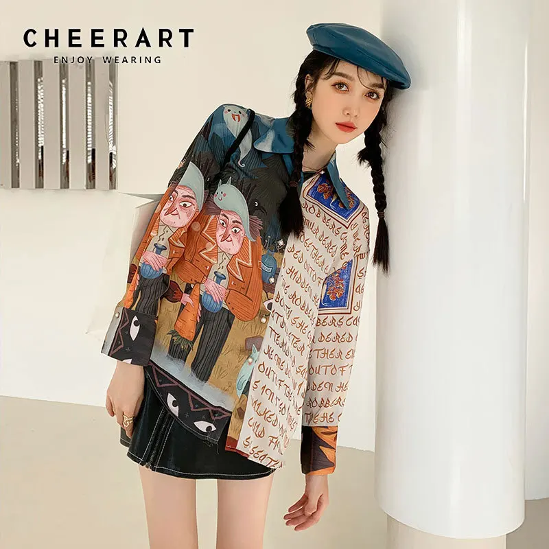 CHEERART Designer Patchwork Long Sleeve Shirt Women Top And Blouse Chiffon Button Up Collar Shirt Letter Print Fashion Top