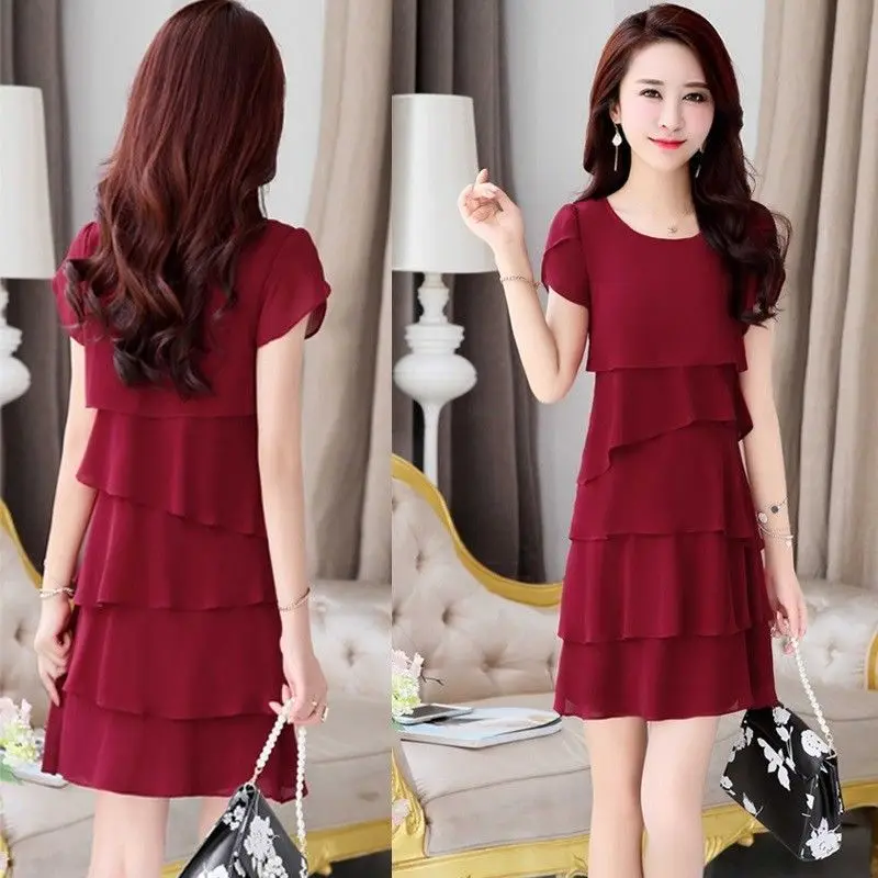 Senhoras vestido de verão novas mulheres vestidos de chiffon coreano solto 5xl vestidos em camadas chiffon vestido feminino senhora mini vestido