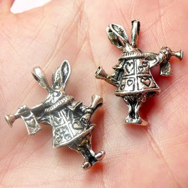 4pcs 3D Wonderland / Bunny Rabbit Charms (28mm x 22mm / Tibetan Silver / 2 Sided) Pendant Bracelet Zipper Pulls Keychain