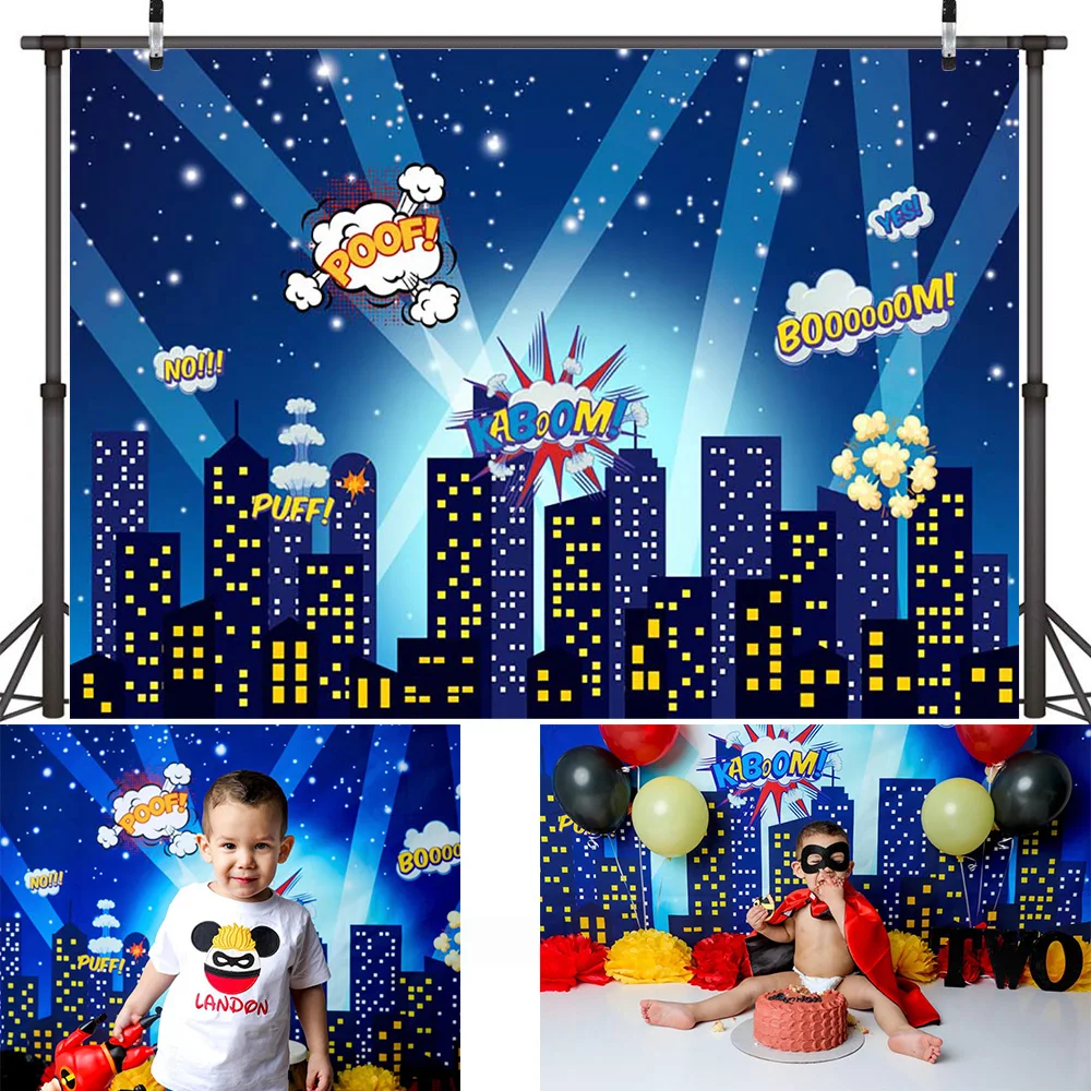 Cartoon Newborn Children Birthday Cake Smash Backdrop Newborn Super Hero Portrait Background City Night Buildings Photography