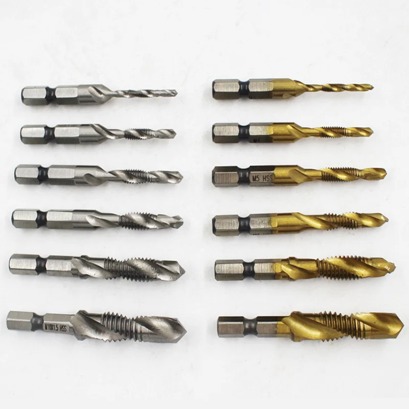 UCHEER 6pcs set composite tap drill bit thread spirals crew tap Hex HSS,Hexagon handle compound Tap Drill Bits