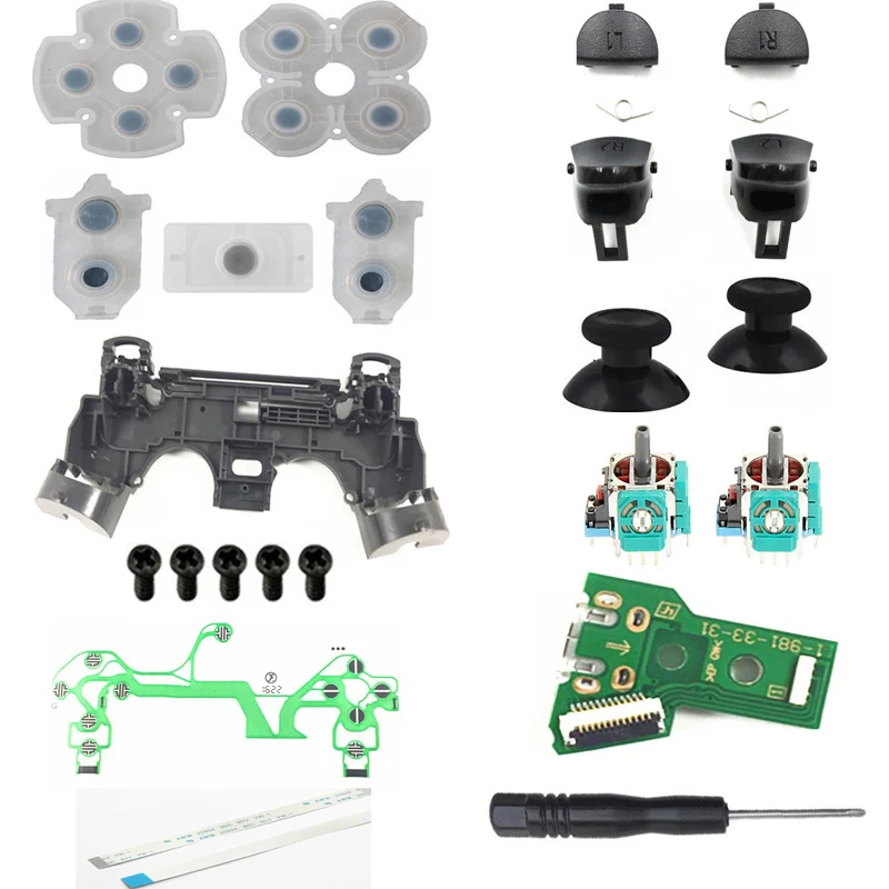 For PS4 JDM-040 JDS 040 R1 L1 R2 L2 Trigger Buttons 3D analog Joysticks Thumb Cap Conductive Pad Charging Board Flex Cable Frame