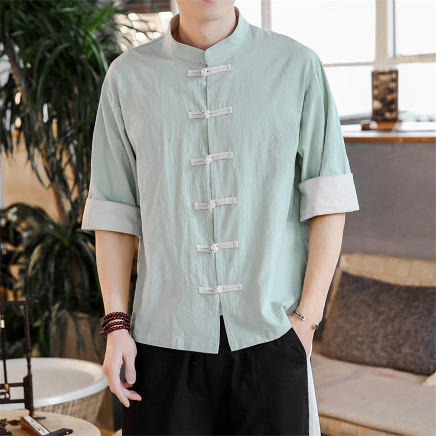 New Chinese Style Linen Kung Fu Clothing for Men Shirt Traditional Vintage Casual Linen Cotton Tai Chi Tang Suit Plus Size