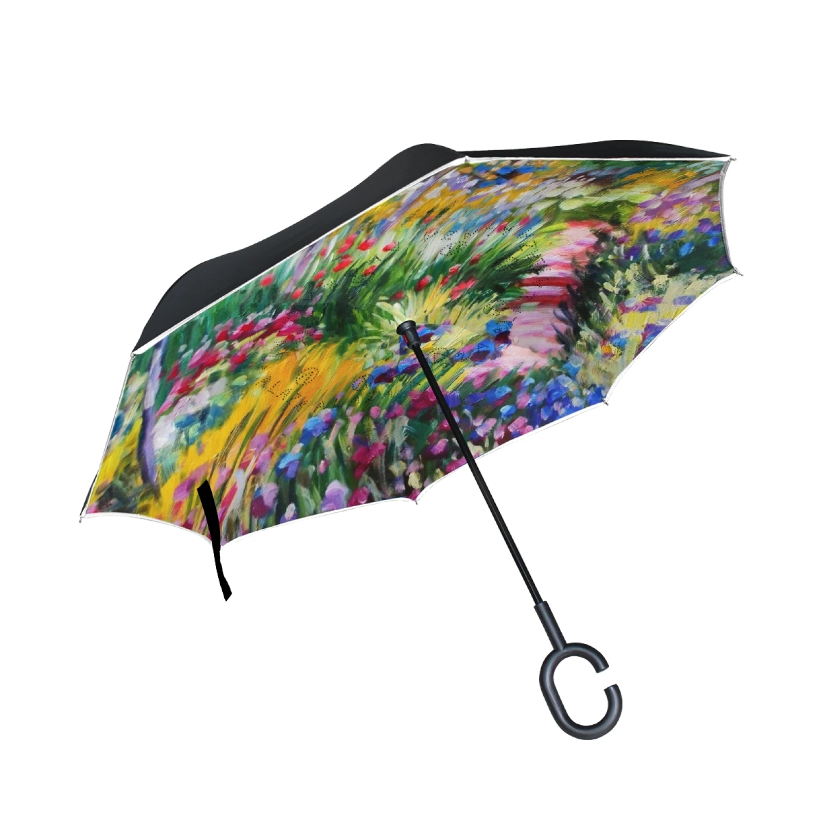 

Oil Painting Reverse Umbrella Folding Double Layer Inverted C Hand Holder Stand Rain Windproof Rolling Over Umbrella For Women