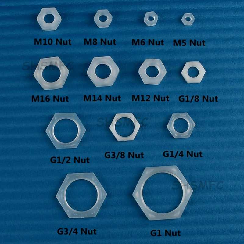 Tuerca hexagonal de plástico PP de grado alimenticio, M6 de rosca M8, M10, M12, M14, M16/G1/8, G1/4, G3/8, G1/2, G3/4, piezas estándar de sujeción,