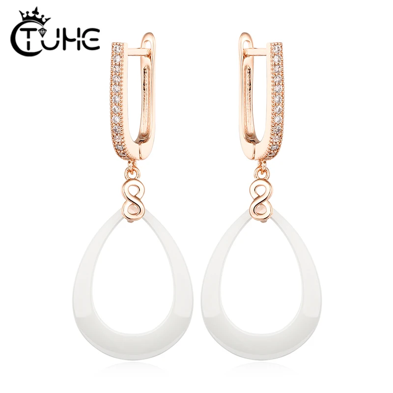 

Statement 585 Rose Gold Circle Hoop Earrings With Black White Ceramic Big Geometric For Women Hanging Dangle Wedding Earrings