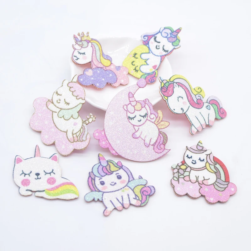 10Pcs Glitter Print Appliques Dessert Cat Unicorn for DIY Crafts Cake Topper Headwear Hair Clips Bow Decor Accessories Patches