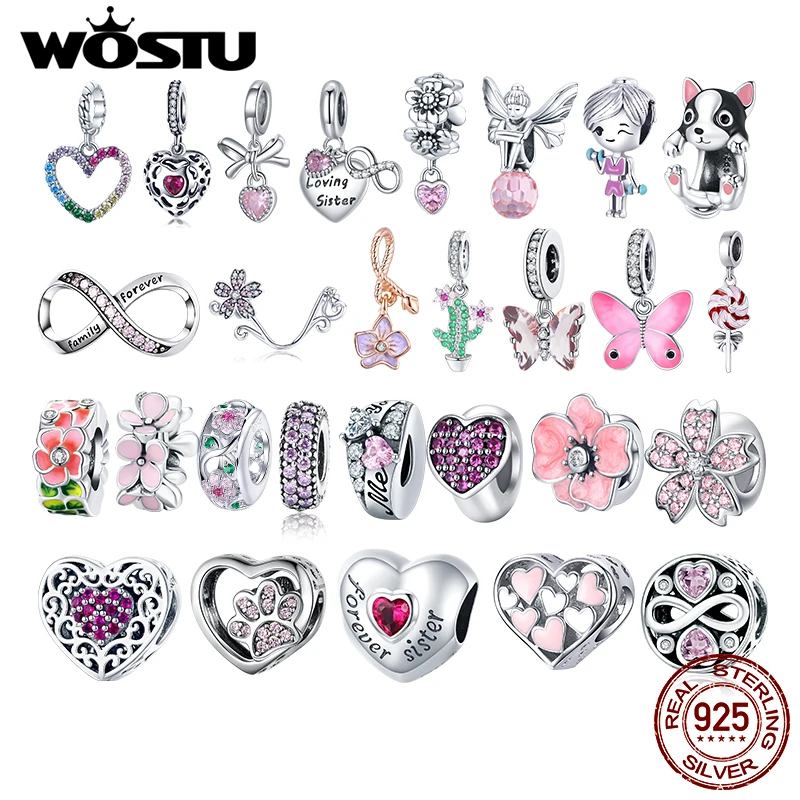 WOSTU Authentic 925 Sterling Silver Pink Flowers Beads Charms Pendant Fit Bracelets Women Party DIY Fine Jewelry Gift Making