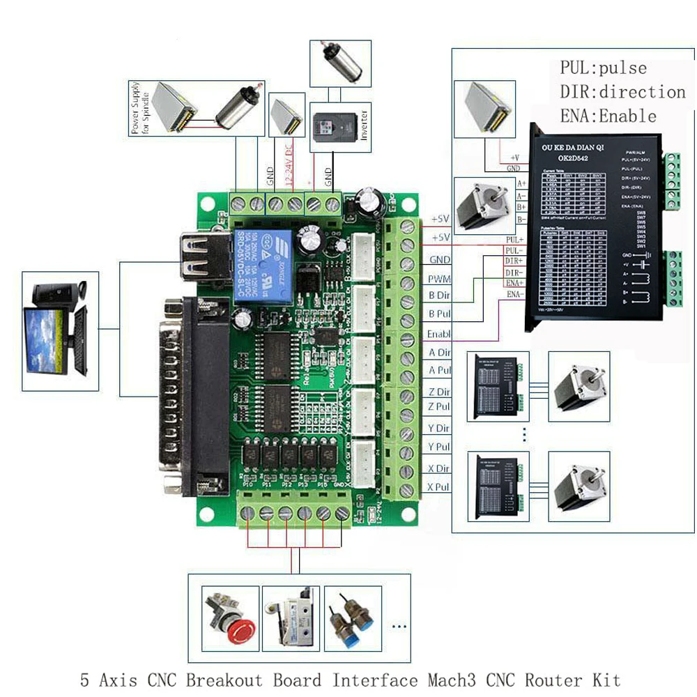 1pc 5 Axis CNC Breakout Board Interface with USB Cable For Stepper Motor Driver MACH3 CNC Board Parallel Port Control