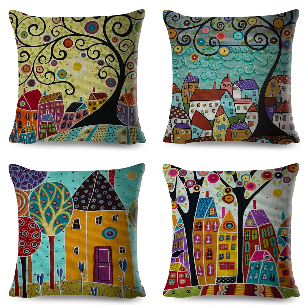 Retro Rural Color Cities Cushion Cover Decor Colorful Cartoon House Tree Pillow Case Polyester Pillowcase for Sofa Home Car