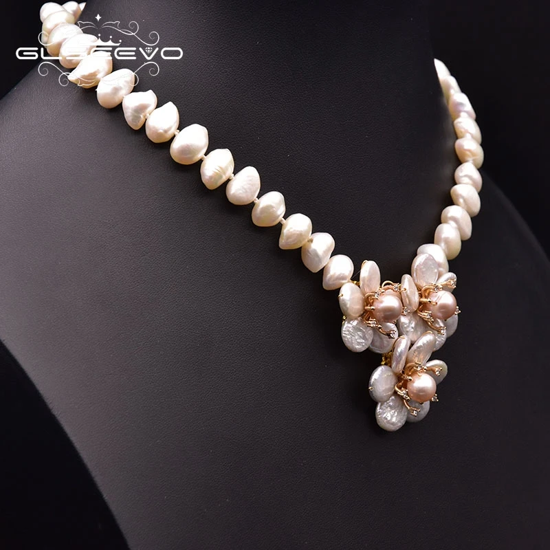 GLSEEVO Natural Baroque Freshwater Pearl Necklace Women's Wedding Anniversary Handmade Luxury Flower Style Jewelry GN0273