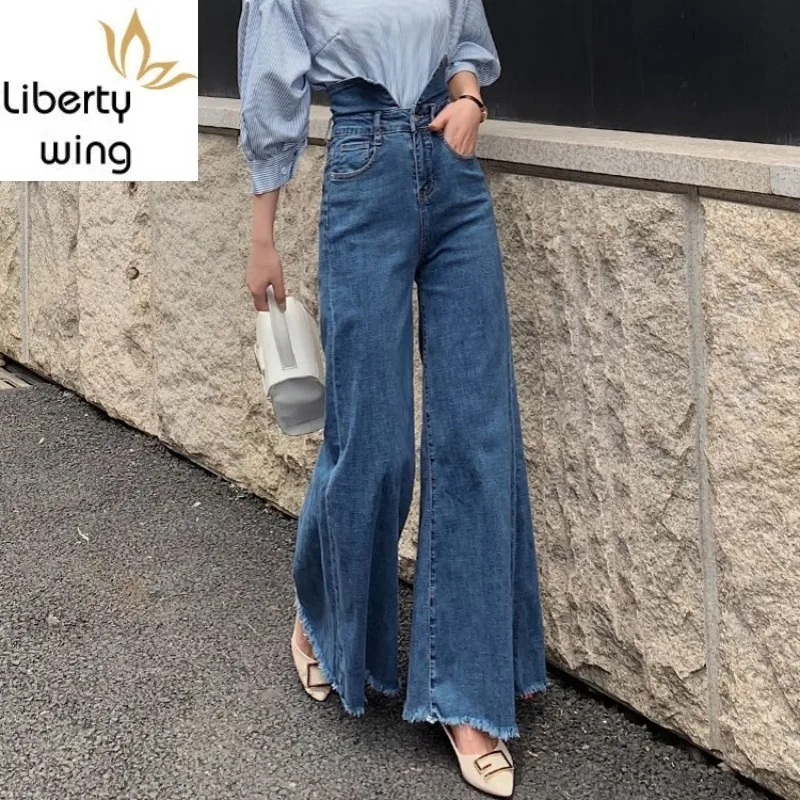 Designer Hohe Taille Breite Bein Jeans Frauen Frühjahr Mode Quaste Lose Gerade Denim Hosen Vintage Blau Büro Hosen Weibliche