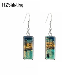 1 pair 10*25mm Rectangle French Hook Earrings Glass Cabochon oil paintings fantasy art venice Printing Jewelry Earrings