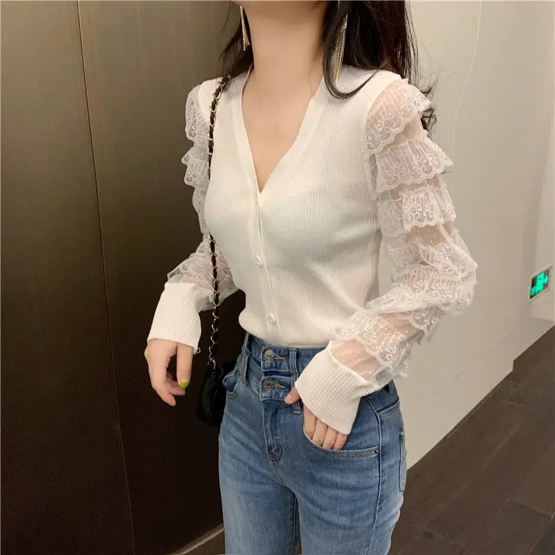 Lace Splicing Knitwear Slim V-neck Sweater Cardigan Woman Sweaters Femme Chandails Pull Hiver