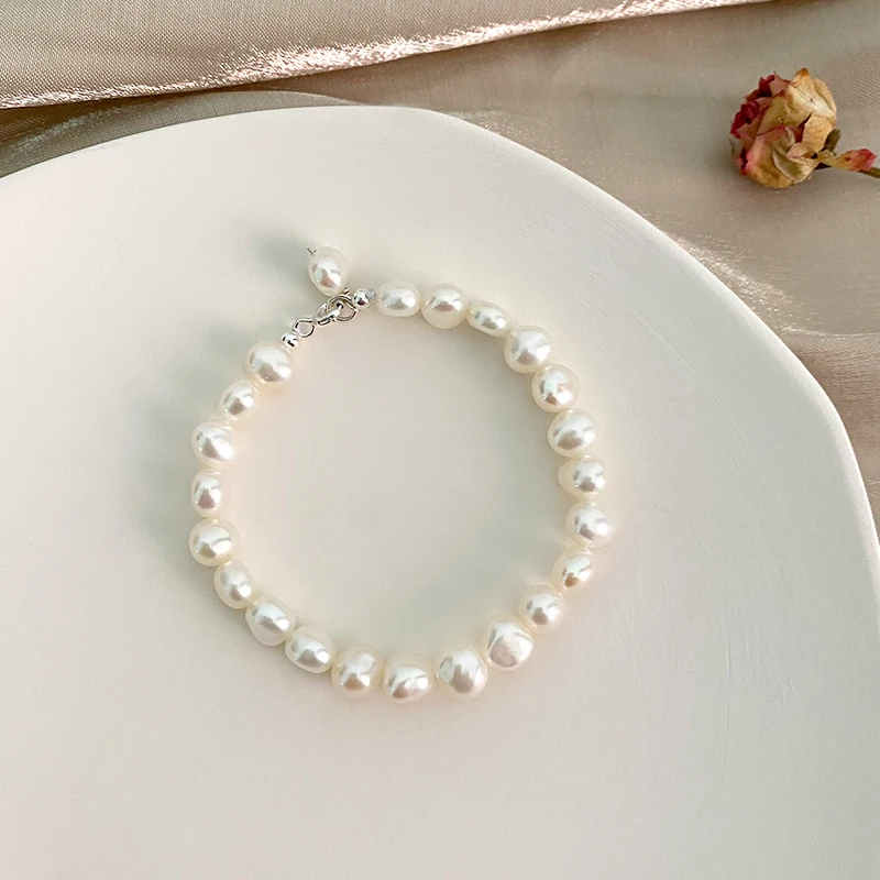 ASHIQI Natural Baroque Pearl Bracelet with 925 Sterling Silver Button Jewelry Gifts for Women Fashion