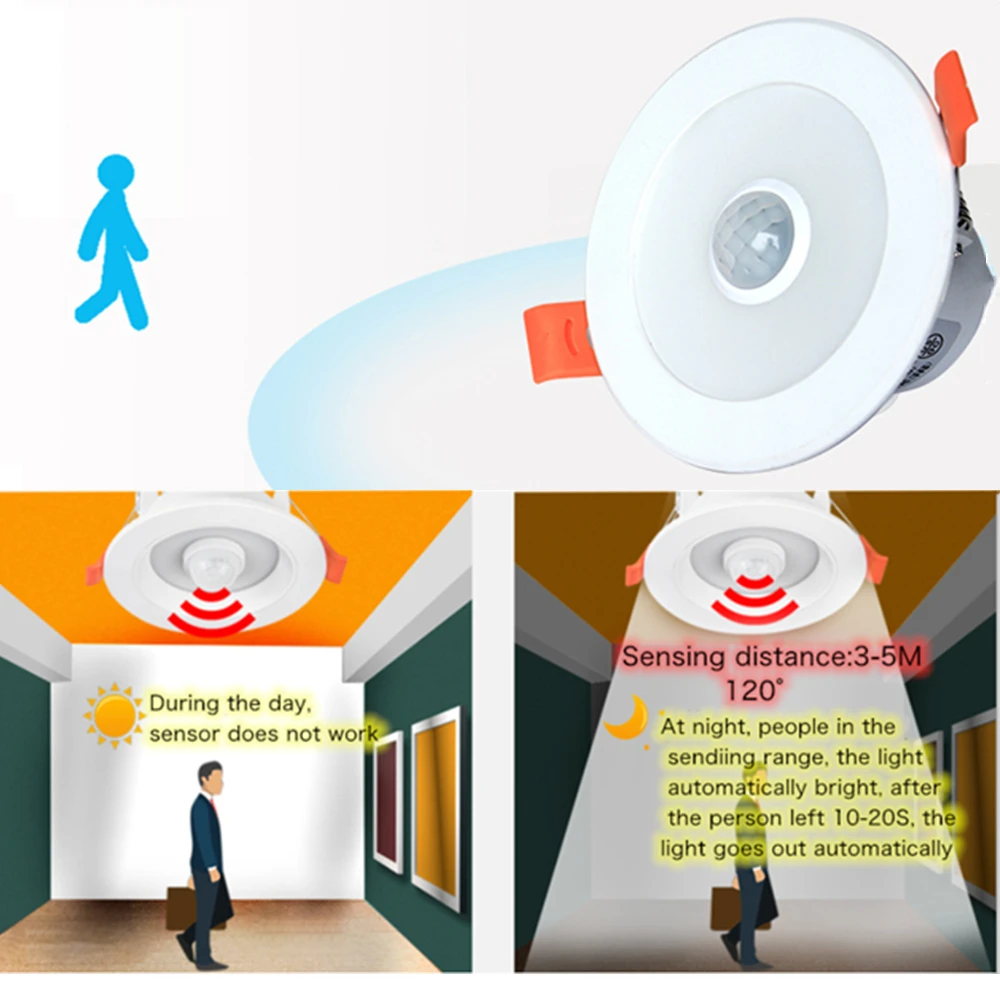 5W 7W 9W PIR Motion Sensor LED Downlight Recessed Ceiling Spot Lamp Entrance Corridor Stair Walkway Garage Smart Home Light 220V