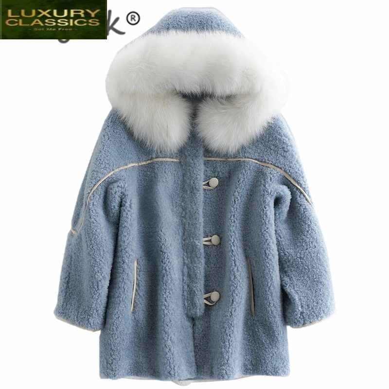 Fur Coat Female Real Winter Women Clothes 2021 Korean Thick Warm Sheep Shearing Jacket + Large Fox Fur Hooded V18F38720