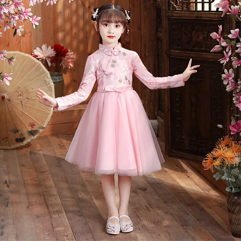 Sweet Chinese Girl Embroidery Cheongsam Princess Ball Gown Dress Baby Flower Girl Dress Kids New Year gift Party Evening Dress