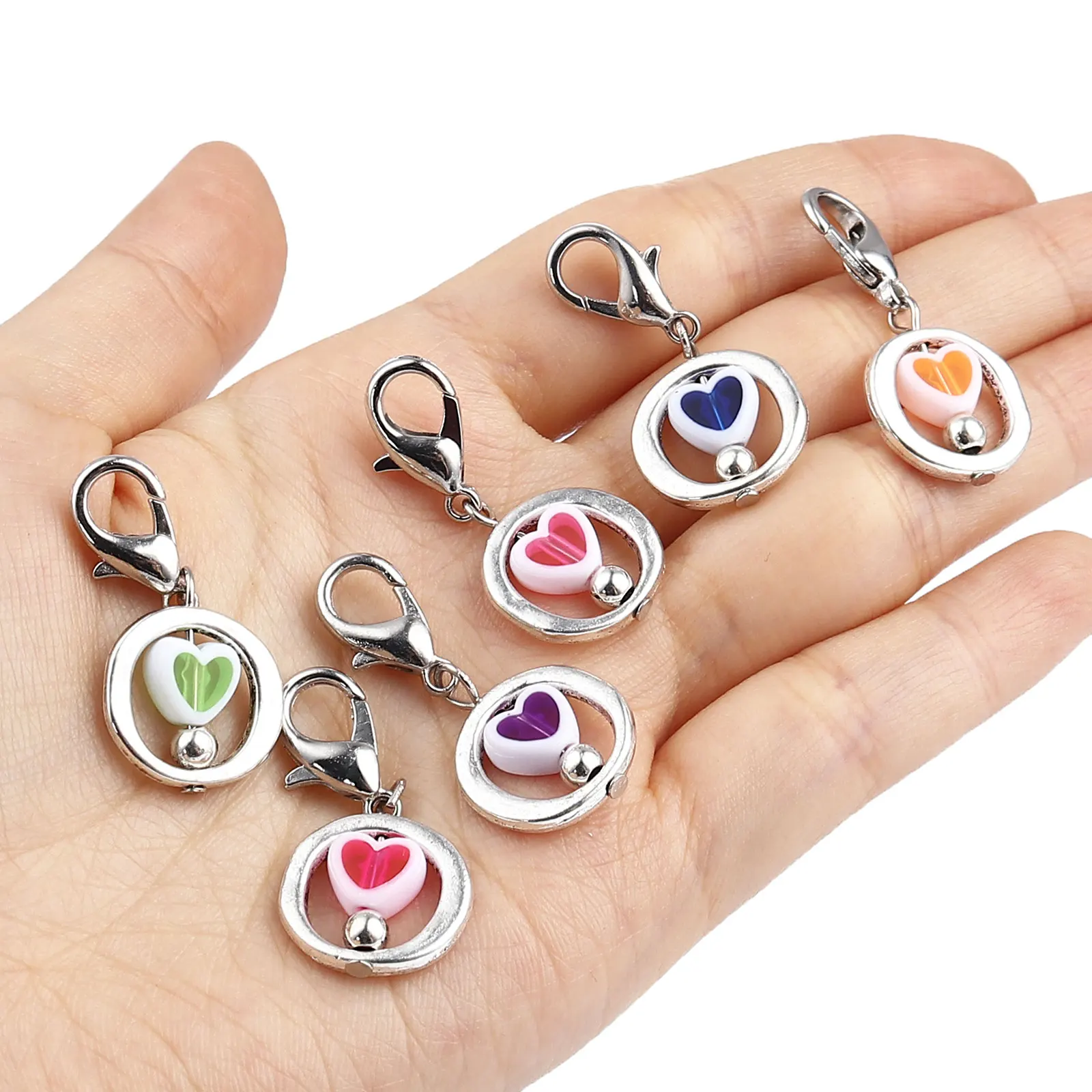 12 PCs Pearlized Round Heart Knitting Stitch Markers For Knitting Tools Zinc Based Alloy & Acrylic Silver Color At Random Color
