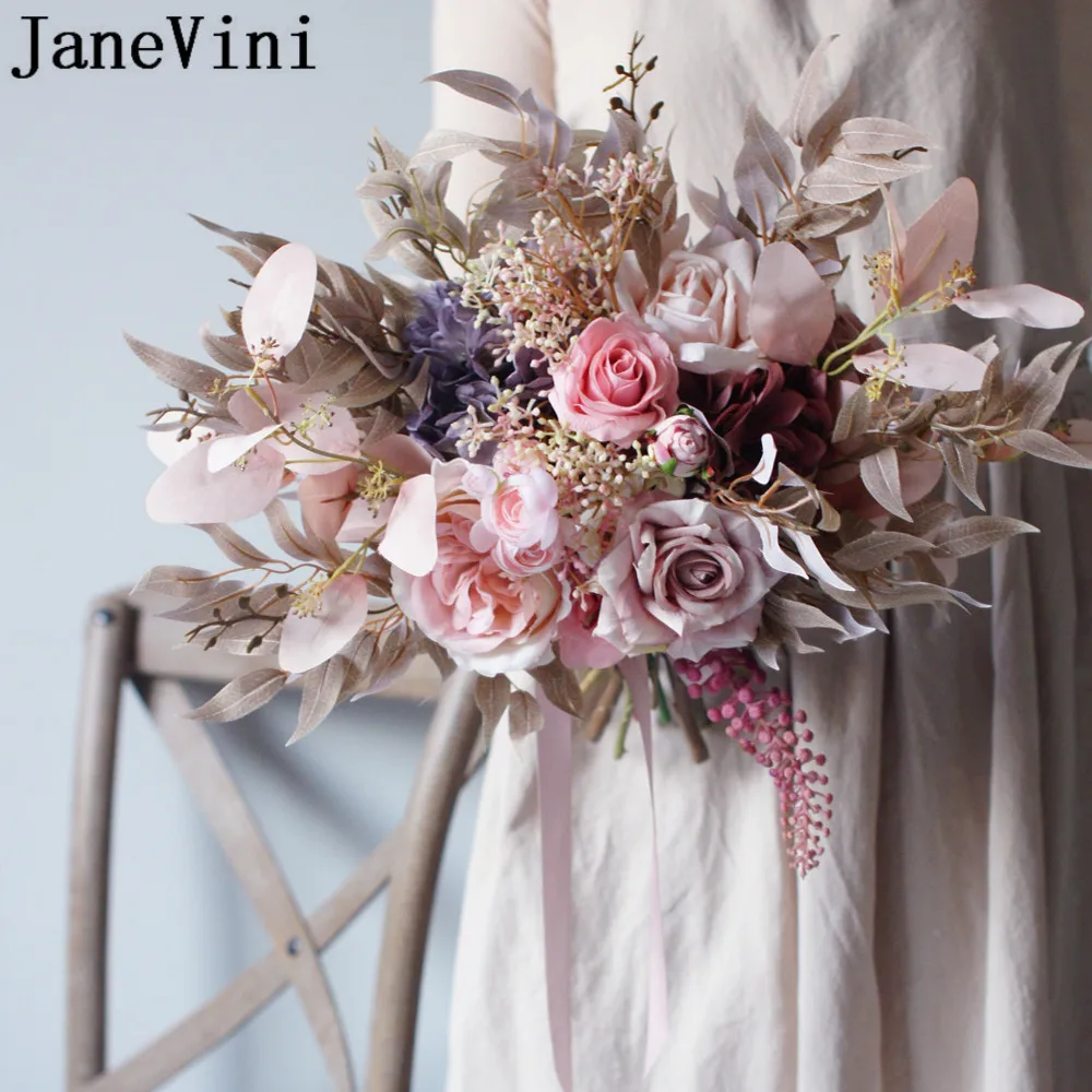 Janevini 2020 ヴィンテージピンクの結婚式の花ブライダルブーケramo人工偽の花バラ葉結婚式のブローチの花束