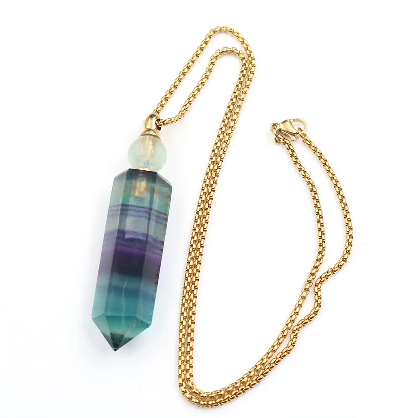 FYJS Unique Light Yellow Gold Color Hexagon Prism Fluorite Stone Pendant Perfume Bottle Necklace Modern Accessories