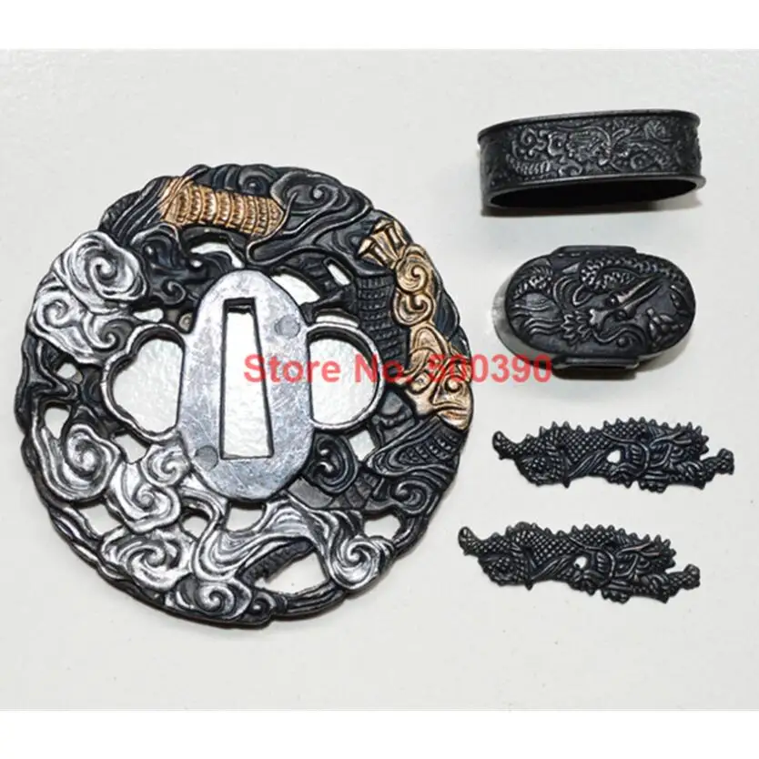 FINE FINISHED TSUBA FUCHI KASHIRA MENUKI FITTINGS FOR JAPANESE SAMURAI SWORD KATANA W DRAGON