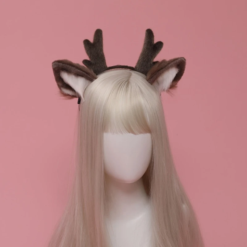 ผู้หญิงสัตว์กวางหู Headdress Plush Antler Hairband ขนสัตว์ Headband อะนิเมะสำหรับฮาโลวีน Christmas Cosplay อุปกรณ์เสริม