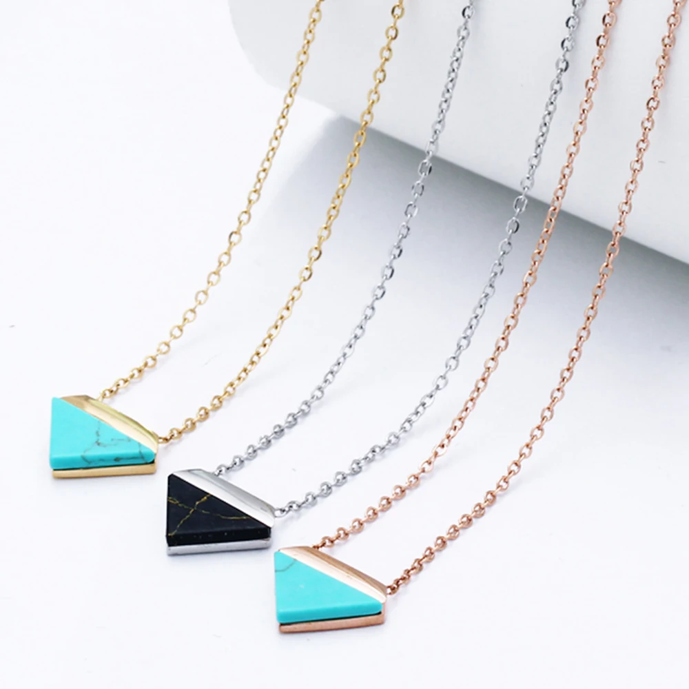 

3PCS Triangle Pendant Necklace Set Stainless Steel with Rhodinum Finish Blue/Black Stone Jewelry with Rose Chain