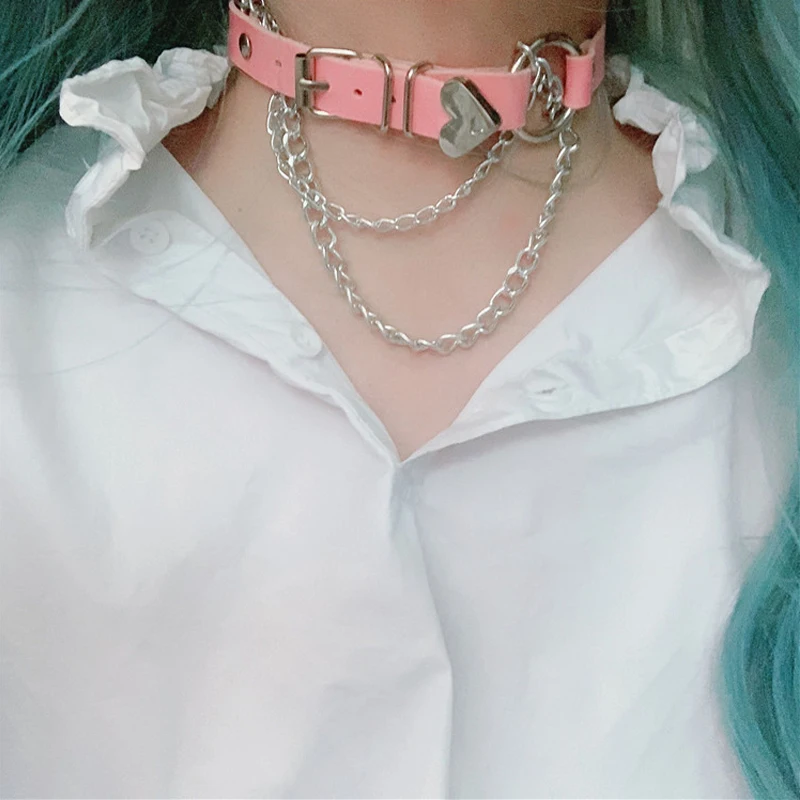 Punk Irregular Metal Women Love Leather Sexy Neck Chains Collar Gothic Dark Girls with Clavicle Chain Lolita Necklace Black Pink