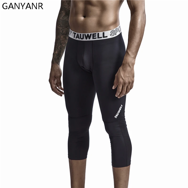 GANYANR Men Compression Pants Running Tights Gym Leggings Basketball Sports Fitness Sexy 3/4 Length Training Soccer Workout