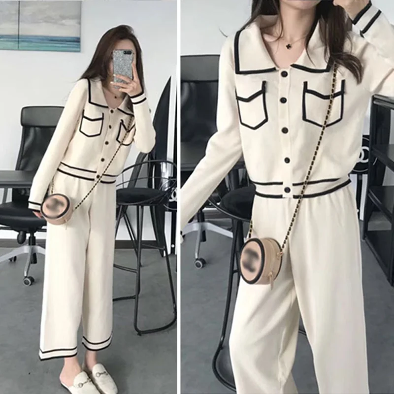 Fashion Striped Knitted Two Piece Suit Women Elegant Single Breasted Long Sleeve Top And Knit Wide Leg Pant 2024 New Korean Suit