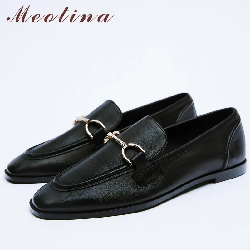 Meotina INS ZA Women Loafers Shoes Genuine Leather Flat Shoes Round Toe Metal Decoration Ladies Footwear Spring Autumn Brown 43