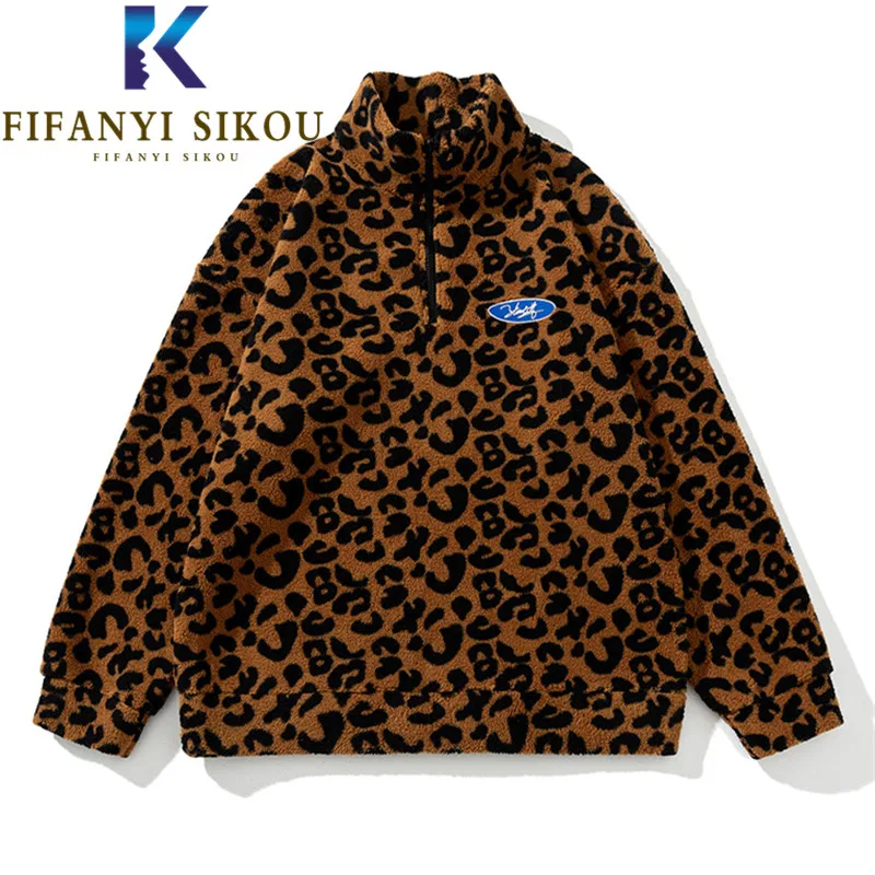 

Leopard Print Hoodies Women 2021 Autumn Winter Fashion Faux Lamb Wool Warm Sweatshirt Zipper Long Sleeve Loose Pullover Female