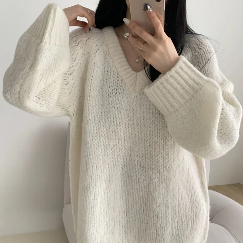 2022 Women V-neck Pullovers Simple Loose O-Neck Oversize Autumn Sweaters Knitted Korean Fashion Long Sleeve Sweater Top