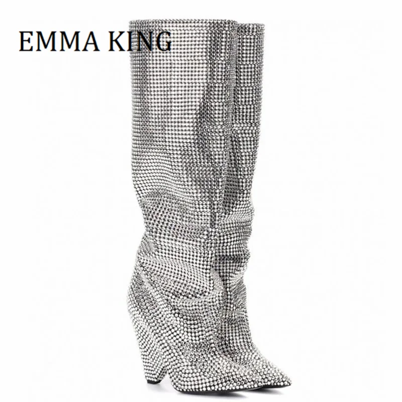 Autumn Winter Women Crystal Slouch Thigh High Boots Women\'s Fashion Spike Heels Rhinestone Boot Bling Runway Wedding Dress Shoes