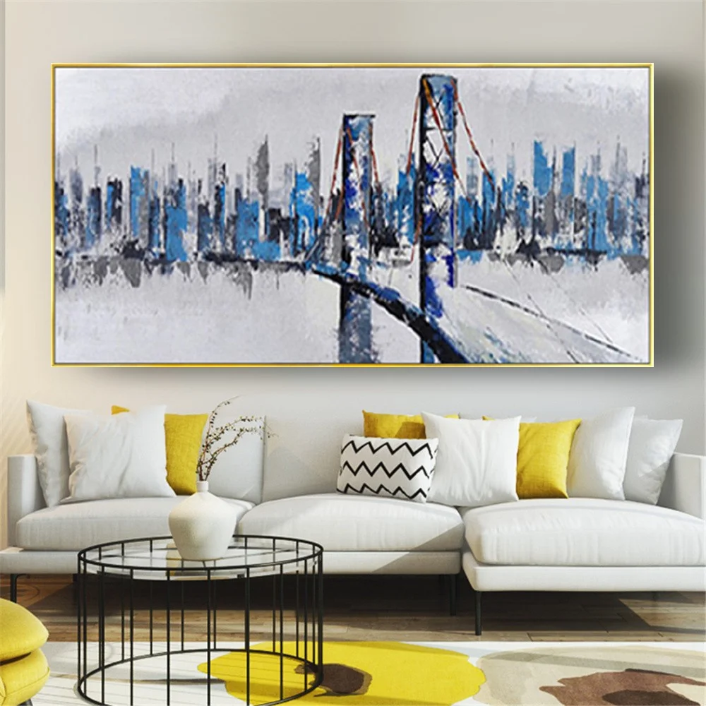 100% Hand-painted Large Oil Painting Modern City View Canvas Picture Golden Gate Bridge Landscape Wall Art for Living Room Decor